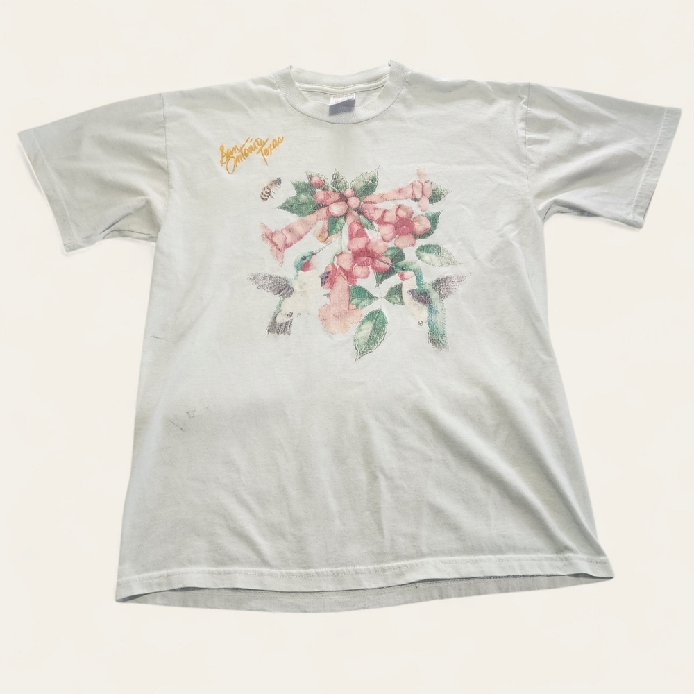 Jerzees T-Shirt Vintage San Antonio Hummingbird Floral Graphic Medium 90s